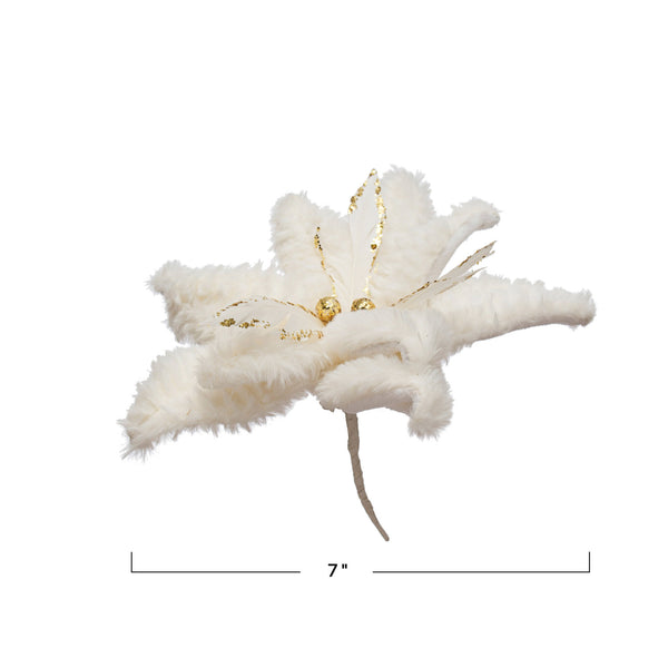 Faux Fur White & Gold Poinsettia Clip-On Pick