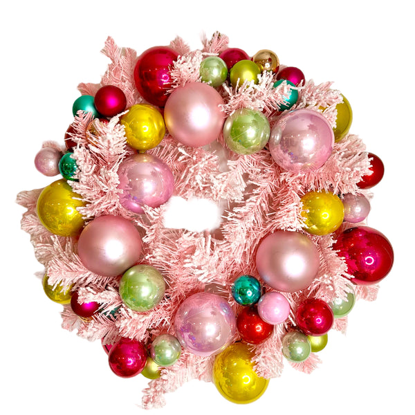 Flocked Pink Bauble 19" Wreath