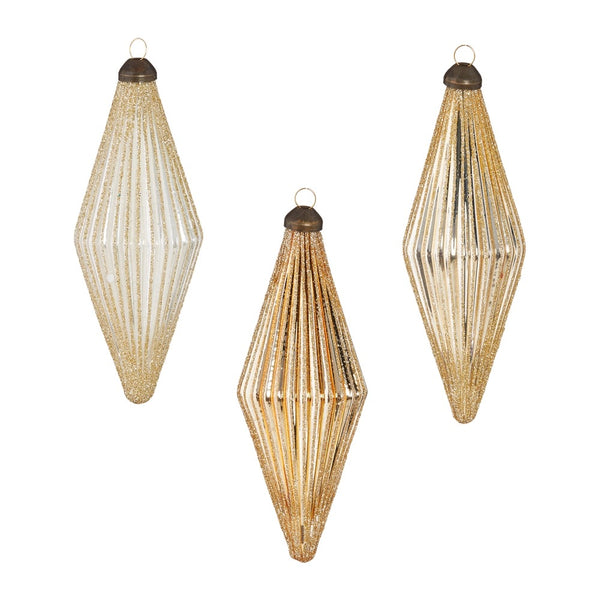 Gold Glittered Diamond Ribbed Ornament Set