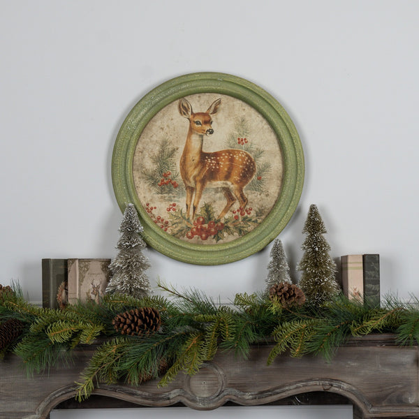 Framed Holiday Fawn Round Wall Decor