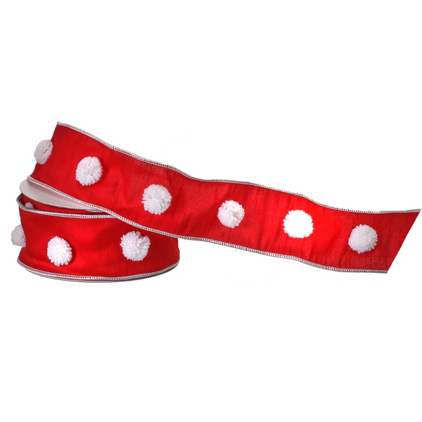Red Dupion W/White Pompom Ribbon