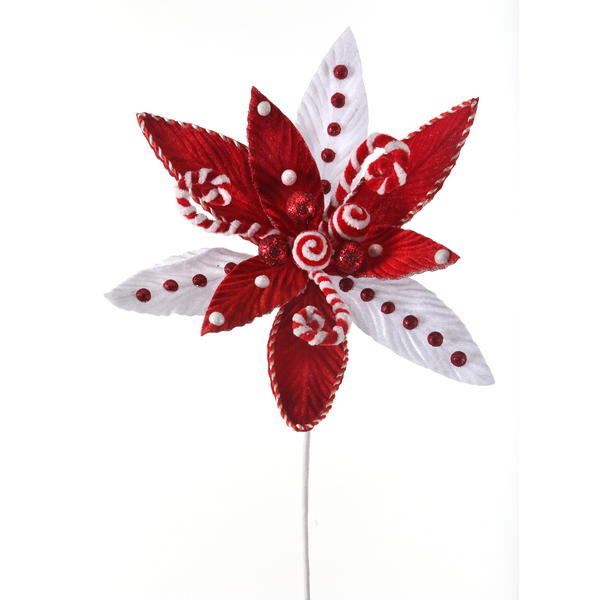 Velvet Candy Cane Poinsettia Pick