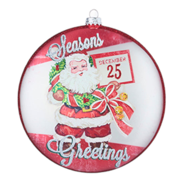 Season's Greetings Retro Santa Disc Glass Ornament- 2 Options seasons greeting
