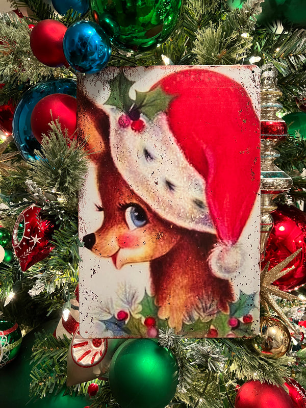 Adorable Retro Reindeer Metal Sign in tree