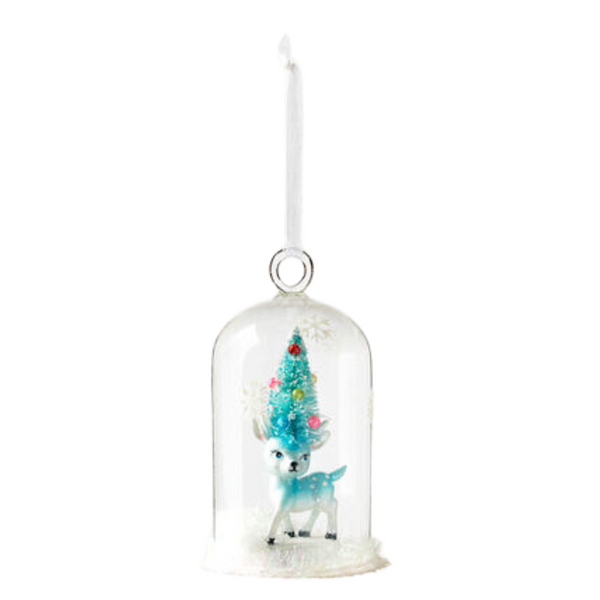Bottlebrush Deer in Glass Dome Ornament- Turqouise