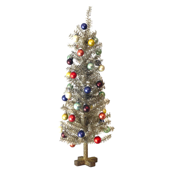 Decorated Silver Tinsel 23.5" Tree W/Baubles- multi-color