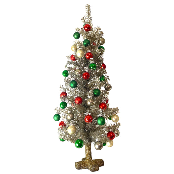 Decorated Silver Tinsel 23.5" Tree W/Baubles- red green
