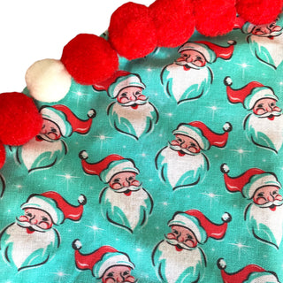 Exclusive Retro Turquoise & Red Santa 14" Mini Tree Skirt Fabric Close-Up