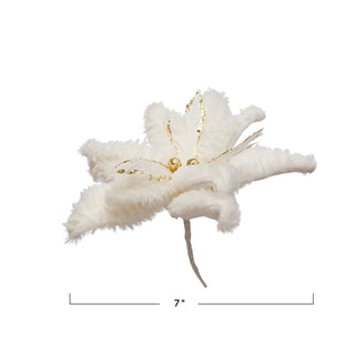 Faux Fur White & Gold Poinsettia Clip-On Pick