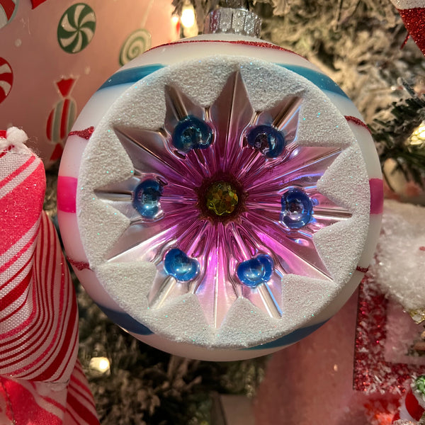 Glass Reflector 5" Ball Ornament- Pink/Blue/Red Stripe Front