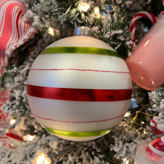 Glass Reflector 5" Ball Ornament- Red/Green Stripe Back