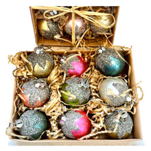 Multi colored glittered glass ornament set