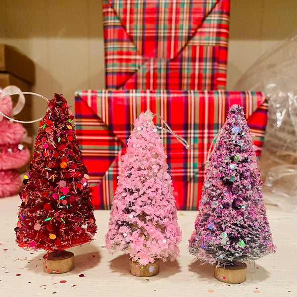 Pink & Red Bottlebrush Tree Ornament Set