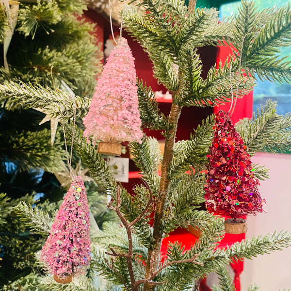 Pink & Red Bottlebrush Tree Ornament Set on tree