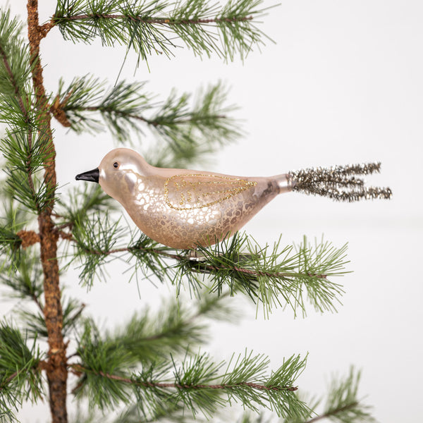 Pink & Silver Tinsel Clip-On Bird Ornament on a Tree