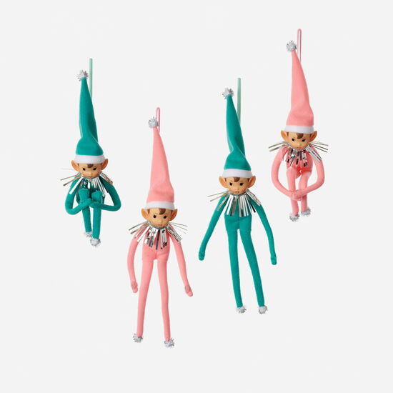 Pink & Teal Posable Elf Ornament Set