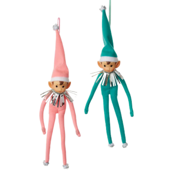 Pink & Teal Posable Elf Ornament Set of 2