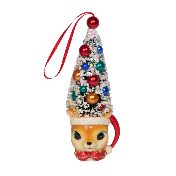Retro Deer and Santa Mug with Bottlebrush Tree Ornament- 2 Options