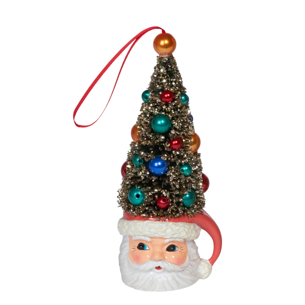 Retro Deer and Santa Mug with Bottlebrush Tree Ornament- 2 Options