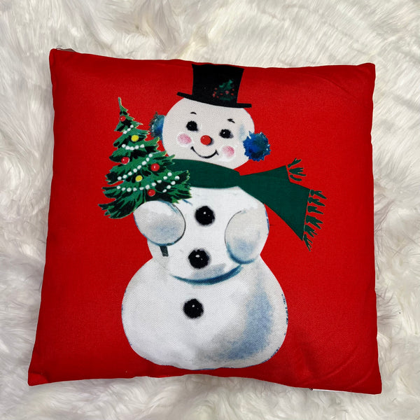 Retro Jolly Santa/Snowman Throw Pillow- Snowman