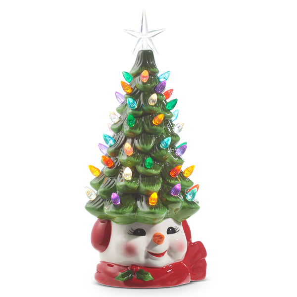Retro Light-Up Porcelain Tree- Snowman 