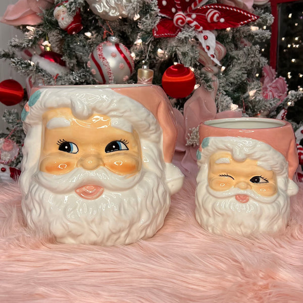 Retro Pink Santa Nesting Bowl Set on pink faux fur rug