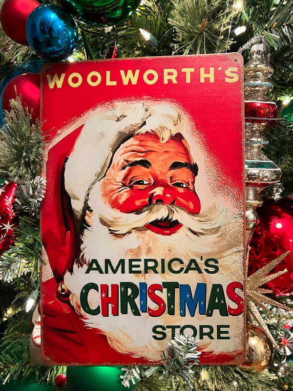 Retro Santa Woolworth's Metal Sign in tree