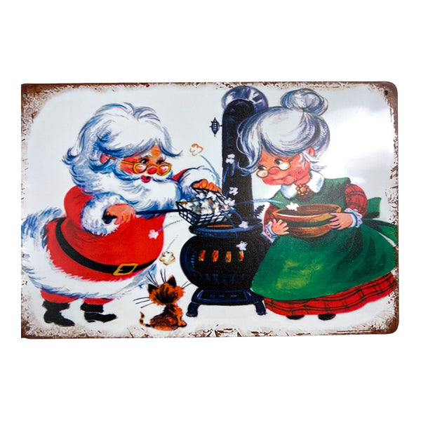 Retro Santa & Mrs. Claus Making Popcorn Metal Sign