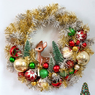 Retro Tinsel Bauble Wreath W/Santa & Deer