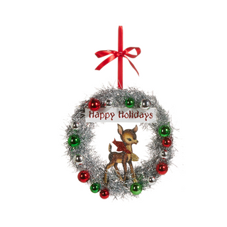 Retro Tinsel Postcard Wreath Ornament- Deer