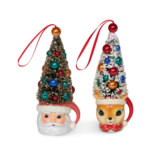 Retro deer and santa mug with bottlebrush tree ornament  2 options