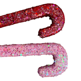 Wooden Glittered Candy Cane Set of 2- Red/Pink Closeup