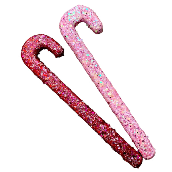 Wooden Glittered Candy Cane Set of 2- Red/Pink
