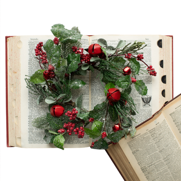 Mixed Holly, Pine & Jingle Bell 10" Mini Wreath W/Dictionary for size perspective