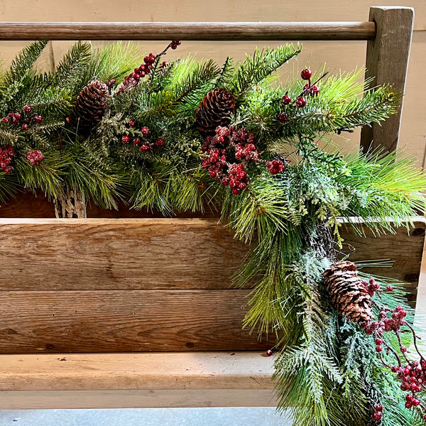 5' Snowy snowy pine & cedar garland with berries & cones