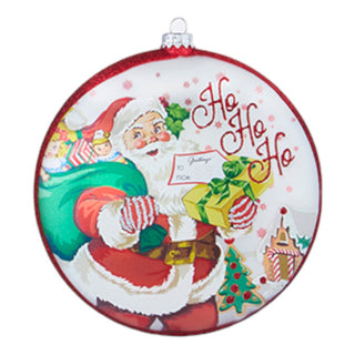 Season's Greetings Retro Santa Disc Glass Ornament- 2 Options HO HO HO