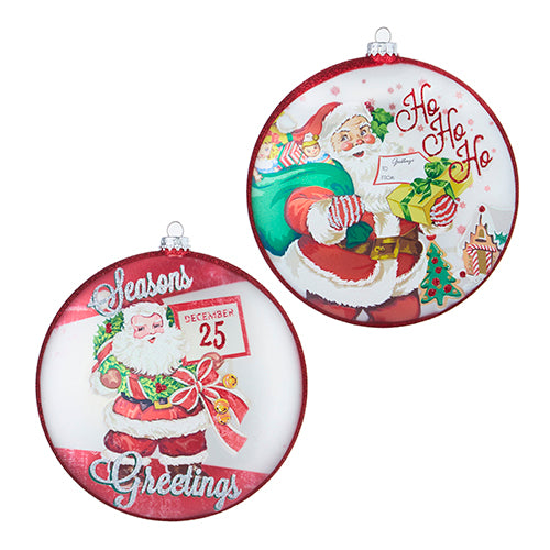 Season's Greetings Retro Santa Disc Glass Ornament- 2 Options
