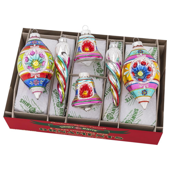 Shiny Brite Christmas Confetti Mixed Shapes 4" Ornament Set